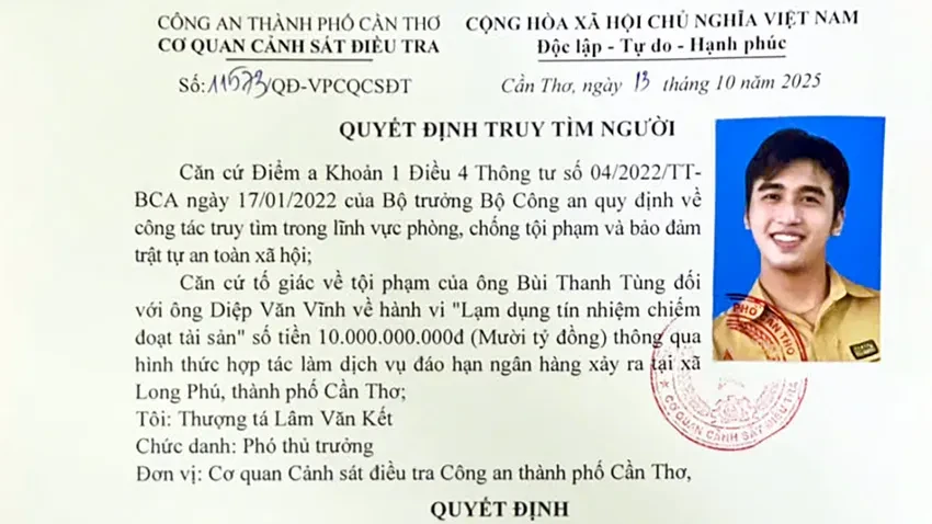 Công an truy tìm Diệp Văn Vĩnh 31 tuổi
