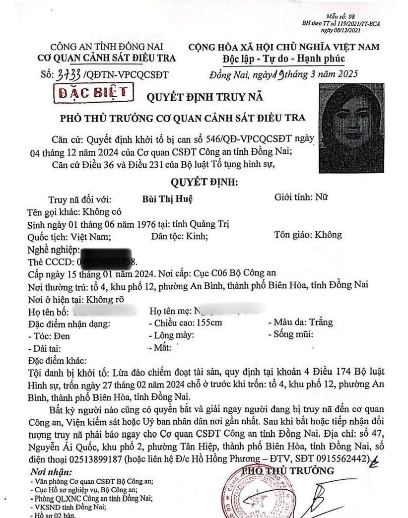Truy nã đặc biệt Bùi Thị Huệ sinh năm 1976