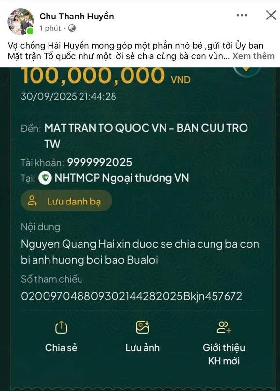 Quang Hải và Chu Thanh Huyền ủng hộ đồng bào khắc phục thiệt hại do bão số 10 Bualoi
