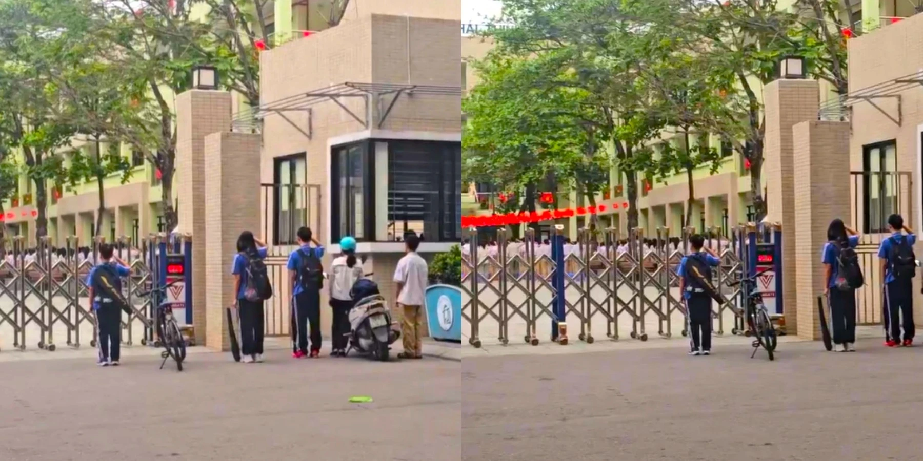 Đi học muộn, 5 học sinh đến cổng trường bỗng đứng khựng lại và làm hành động nhận về 