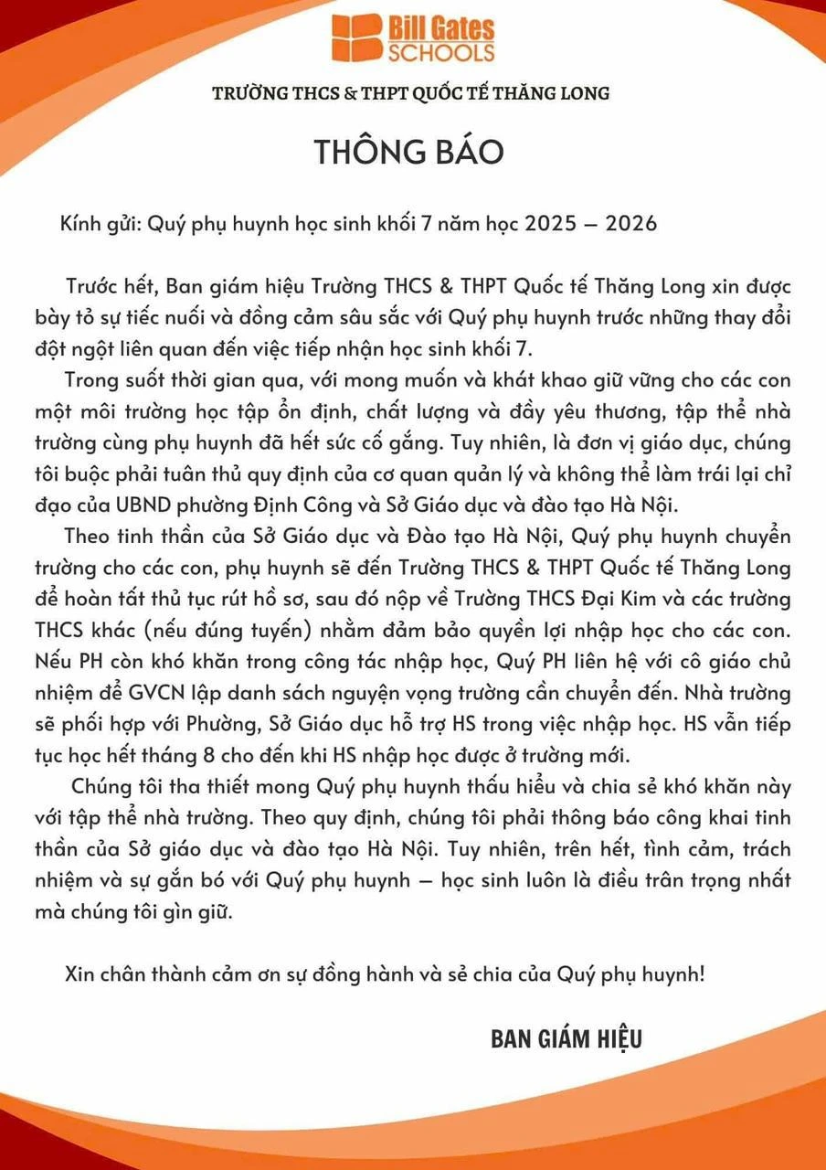 Xôn xao một trường quốc tế bất ngờ yêu cầu phụ huynh học sinh khối 7 cho con chuyển trường dù năm học mới sắp bắt đầu