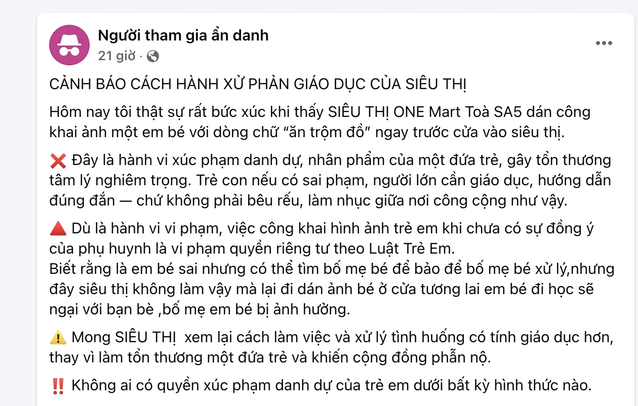 Một siêu thị ở Hà Nội dán ảnh trẻ em kèm cảnh báo trộm cắp trước cửa: Ghi nhận mới nhất!