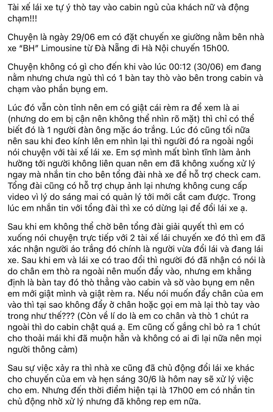 Cô gái tố bị tài xế xe giường nằm sờ vào bụng trên chuyến Đà Nẵng - Hà Nội: Chủ nhà xe làm luôn một việc