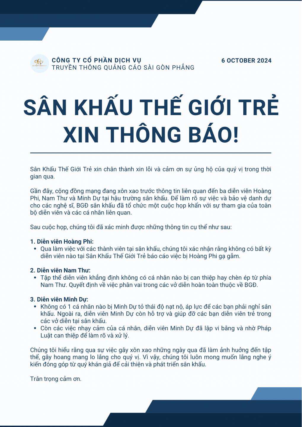 Vụ Nam Thư, Minh Dự, Hoàng Phi bị đồng nghiệp tố cáo: Công bố thông tin chính thức, chi tiết gạ gẫm gây chú ý!