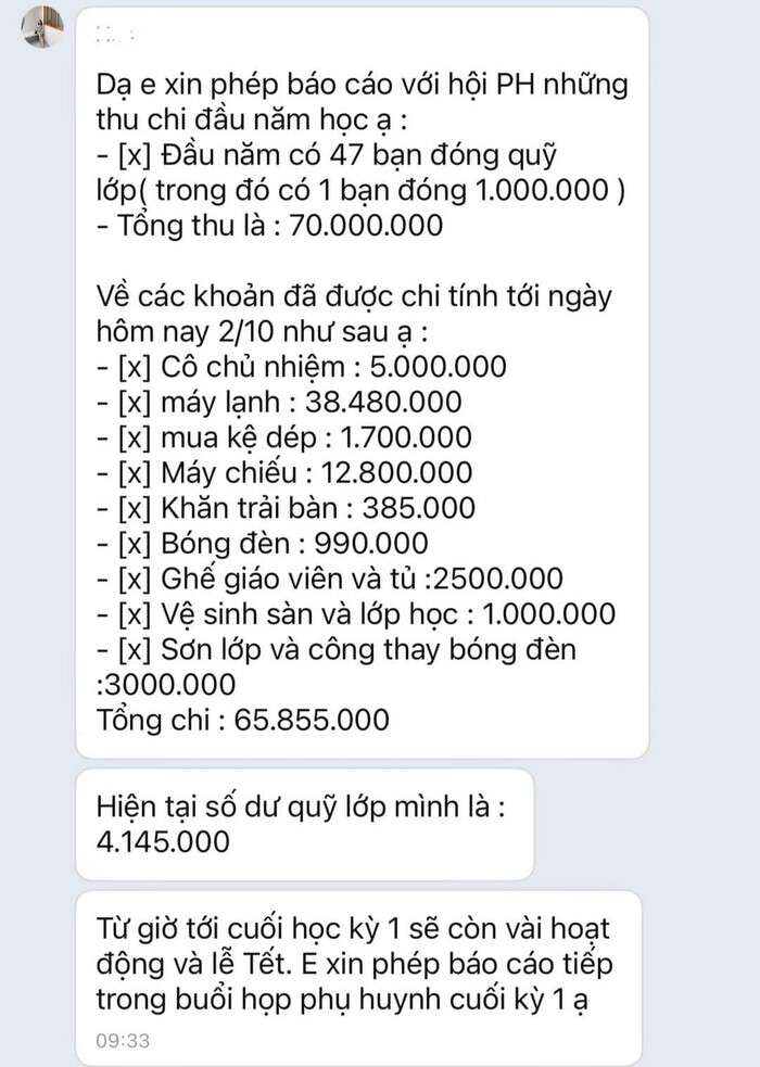 Thực hư một lớp ở TP.HCM thu quỹ 70 triệu đồng, sau 1 tháng chi hết gần 66 triệu đồng, Hiệu trưởng nói gì?