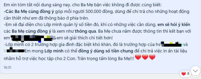 Lan truyền bảng thu chi của cha mẹ học sinh 1 lớp 