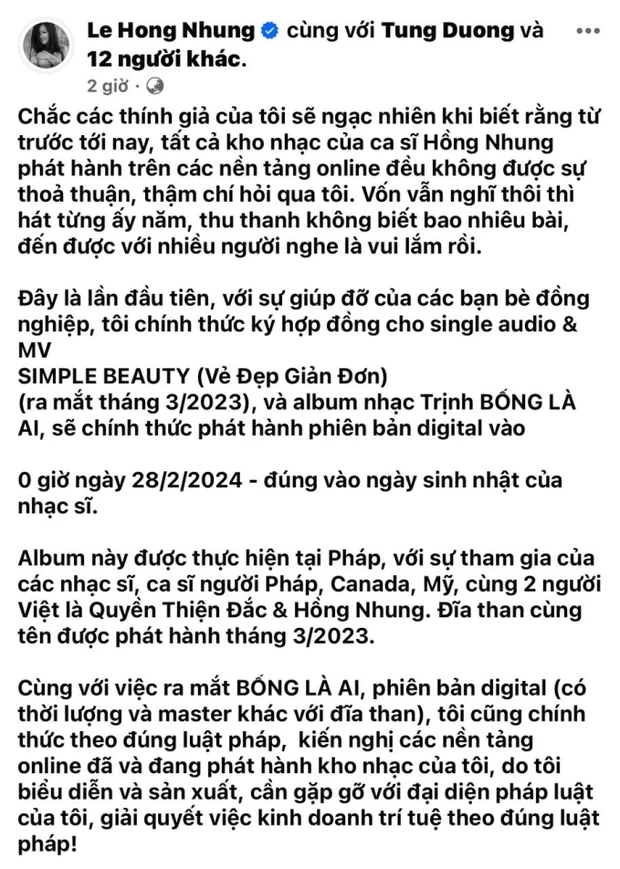 Diva Hồng Nhung bức xúc: toàn bộ kho nhạc online của cô đều không được sự cho phép từ chính chủ, nhờ pháp luật can thiệp!