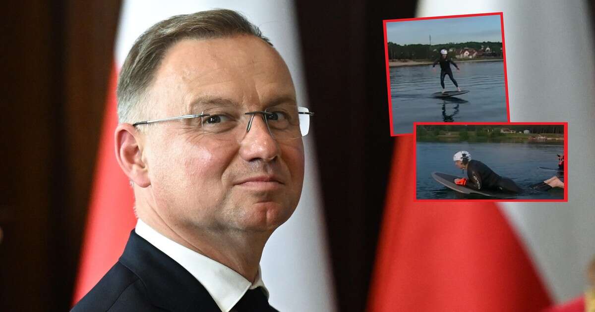 Prezydent Andrzej Duda uczy się jet surfingu. 