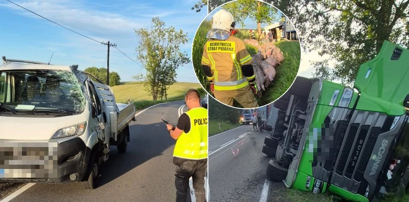 Ciężarówka zderzyła się z busem pod Bytowem. Strażacy musieli pilnować transportu w rowie