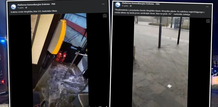 Pasażerowie utknęli w zalanym autobusie! Nagranie z Krakowa jak scena z 