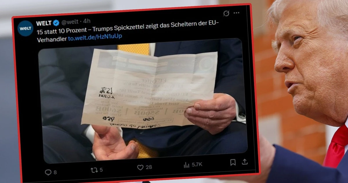 Notatki Donalda Trumpa nagryzmolone flamastrem ujawniły porażkę UE w negocjacjach w sprawie ceł. Dostał więcej, niż mógł