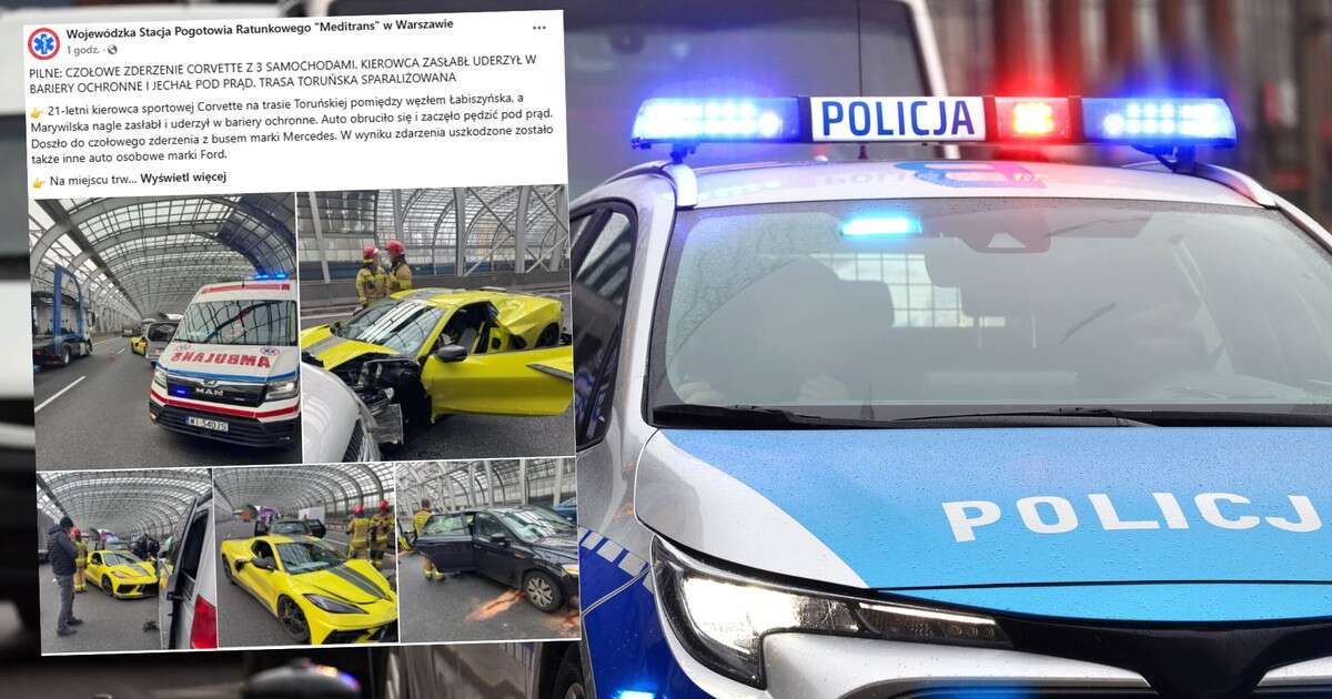 Poważny wypadek w Warszawie. Kierowca sportowego auta zderzył się czołowo z innymi