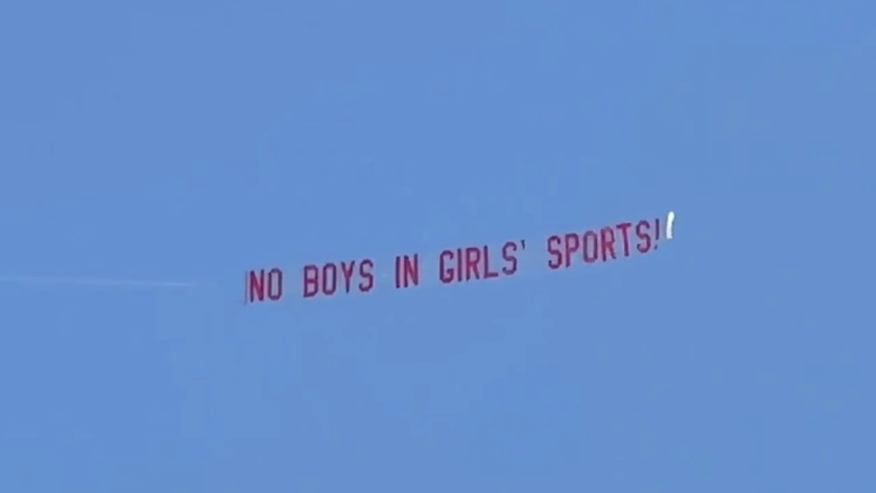 Plane flying 'No Boys in Girls' Sports' banner over track meet goes viral as trans athlete dominates