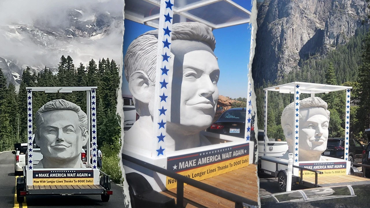 EXCLUSIVE: Mysterious giant Elon Musk head travels America's national parks, saying 'Make America Wait Again'