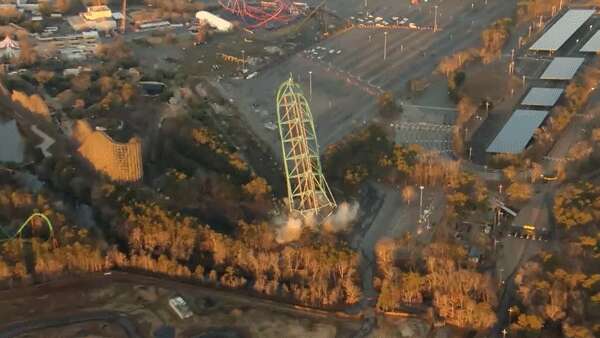 Implosion of world's tallest roller coaster Kingda Ka caught on camera during planned Six Flags demolition