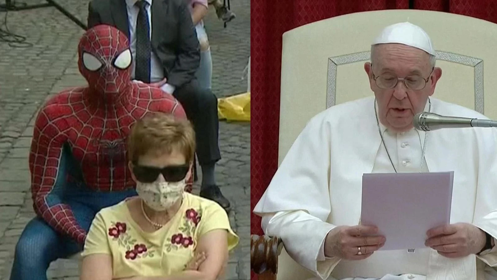 Spiderman listens to Pope Francis