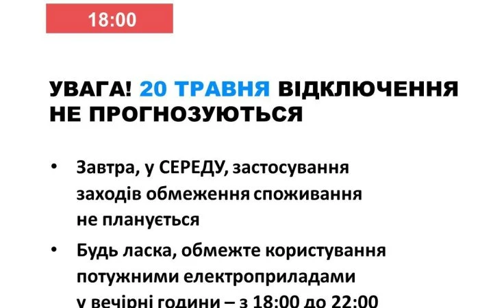 В середу в Україні не прогнозується відключень світла