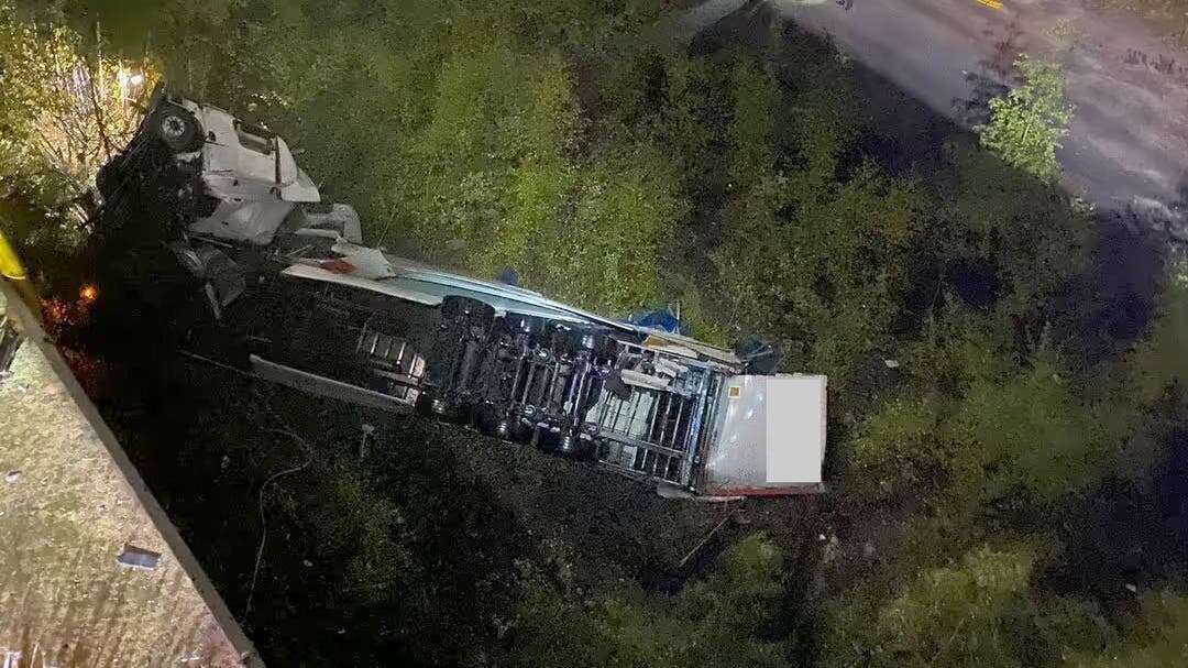 Lorry driver discharged with minor injuries after 60-foot motorway bridge fall