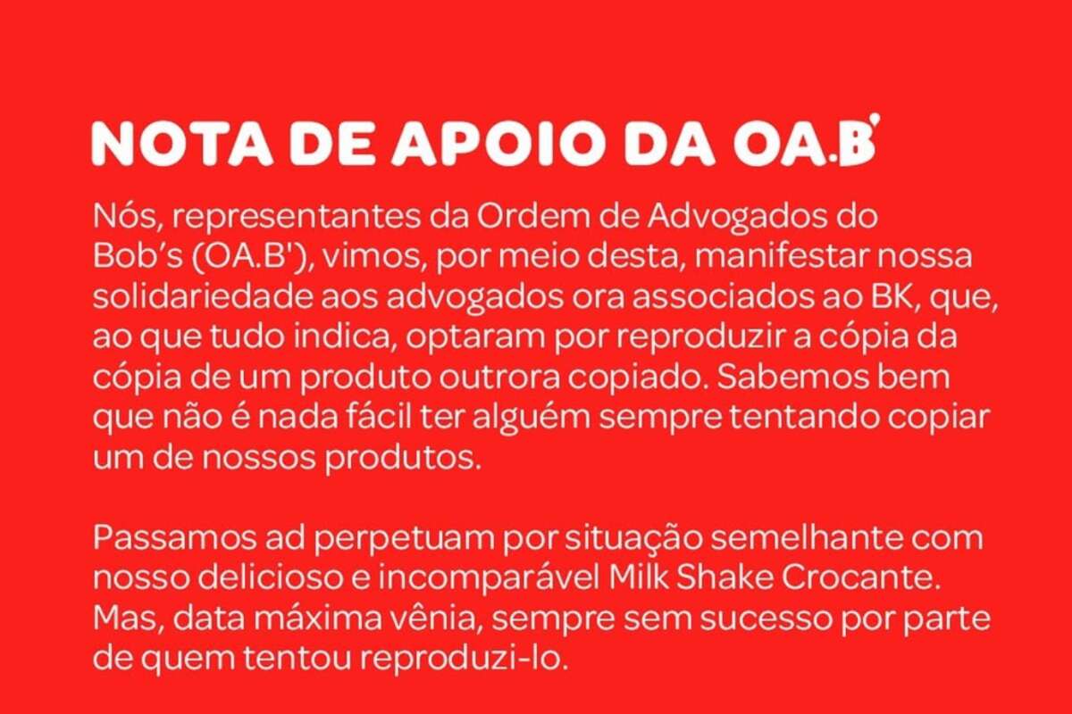 Após ação do Burger King com advogados, Bob’s emite nota de apoio da OA.B'