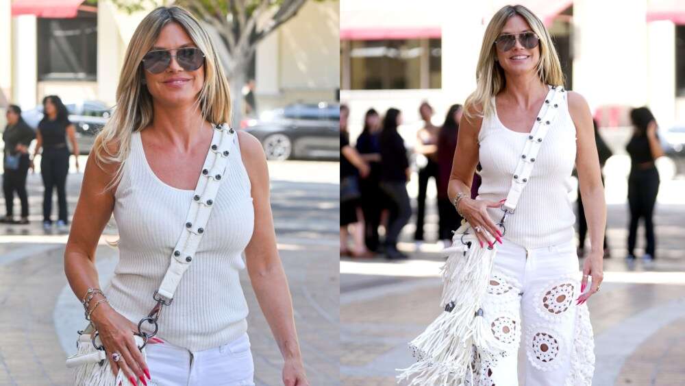 Heidi Klum Embraces Boho Trend in Crochet Patchwork Jeans and Fringe Handbag for ‘America’s Got Talent’ Arrival