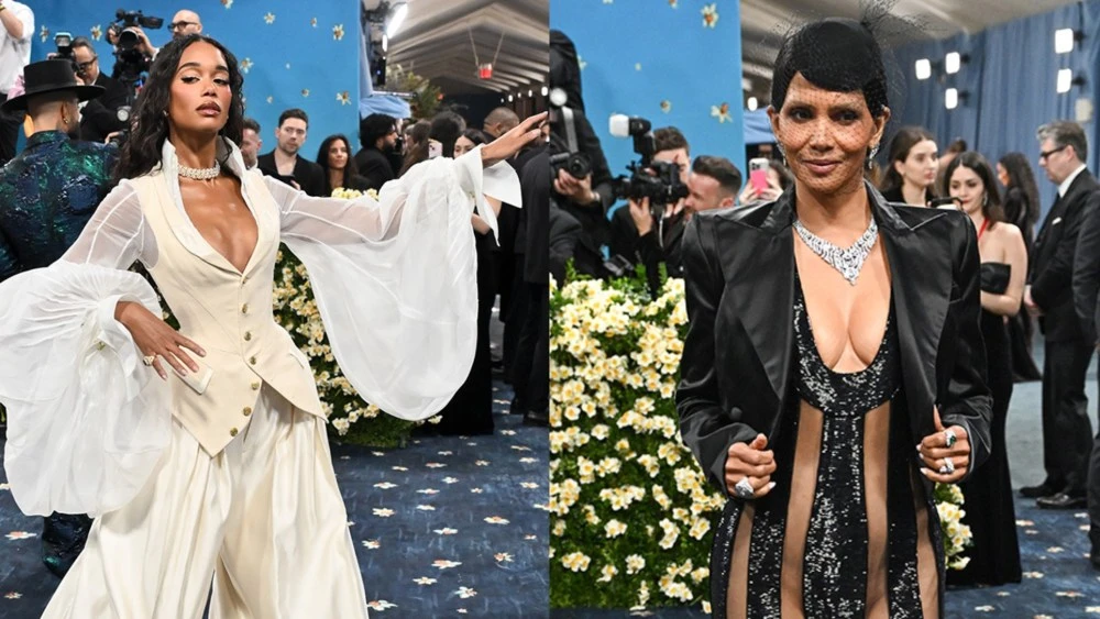 Sheer Looks Were Trending on the 2025 Met Gala Red Carpet: Laura Harrier’s Billowing Sheer Gap Studio Sleeves, Halle Berry in LaQuan Smith and More