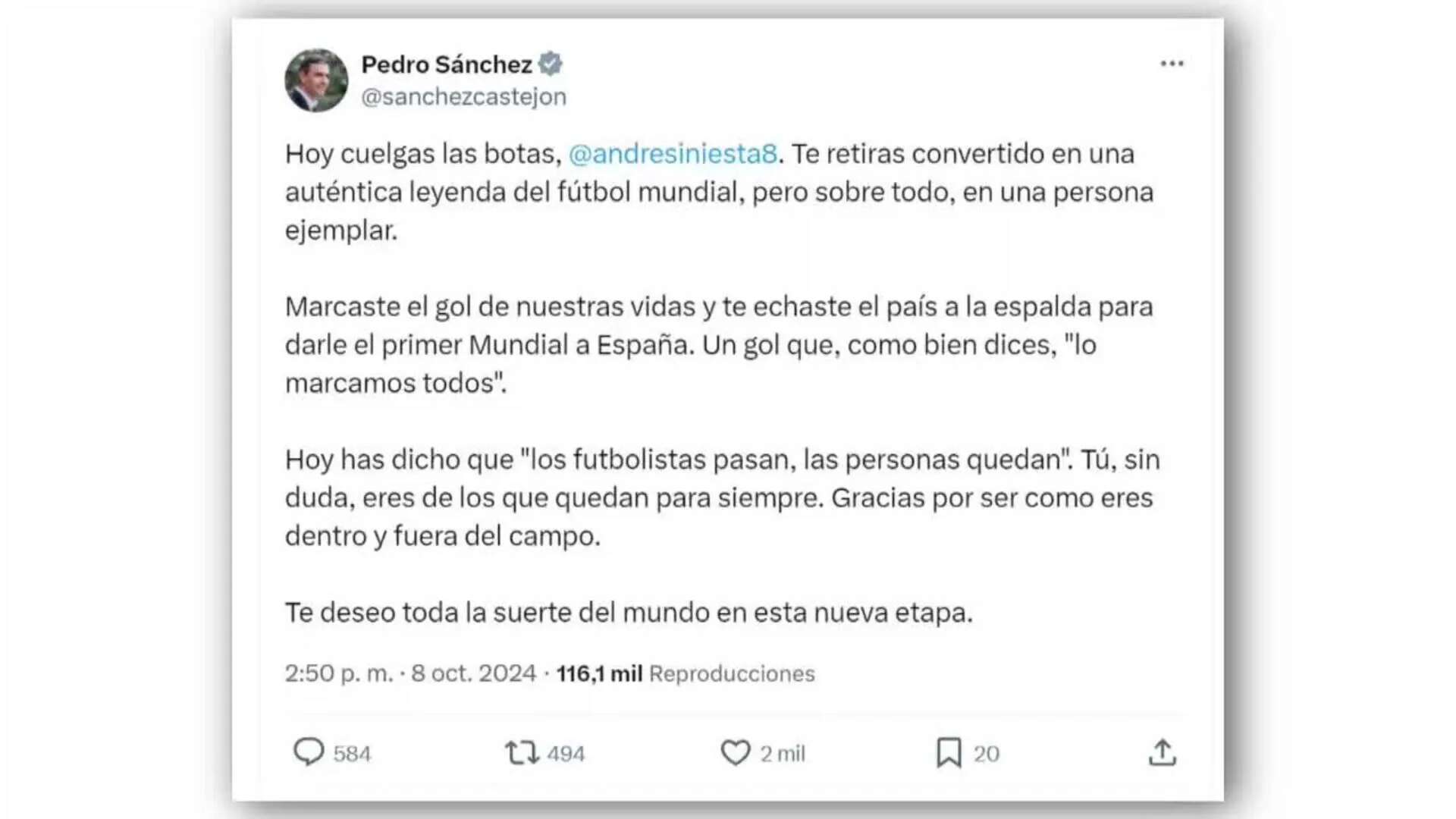 Pedro Sánchez alaba a Iniesta: 