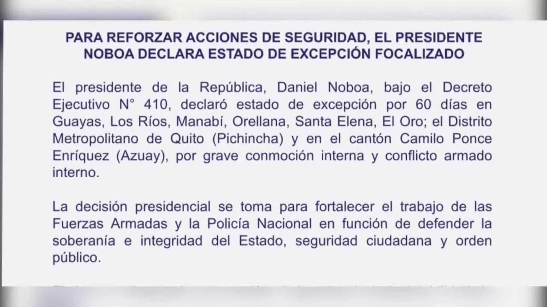 Noboa declara un nuevo estado de excepción que incluye Quito y seis provincias de Ecuador