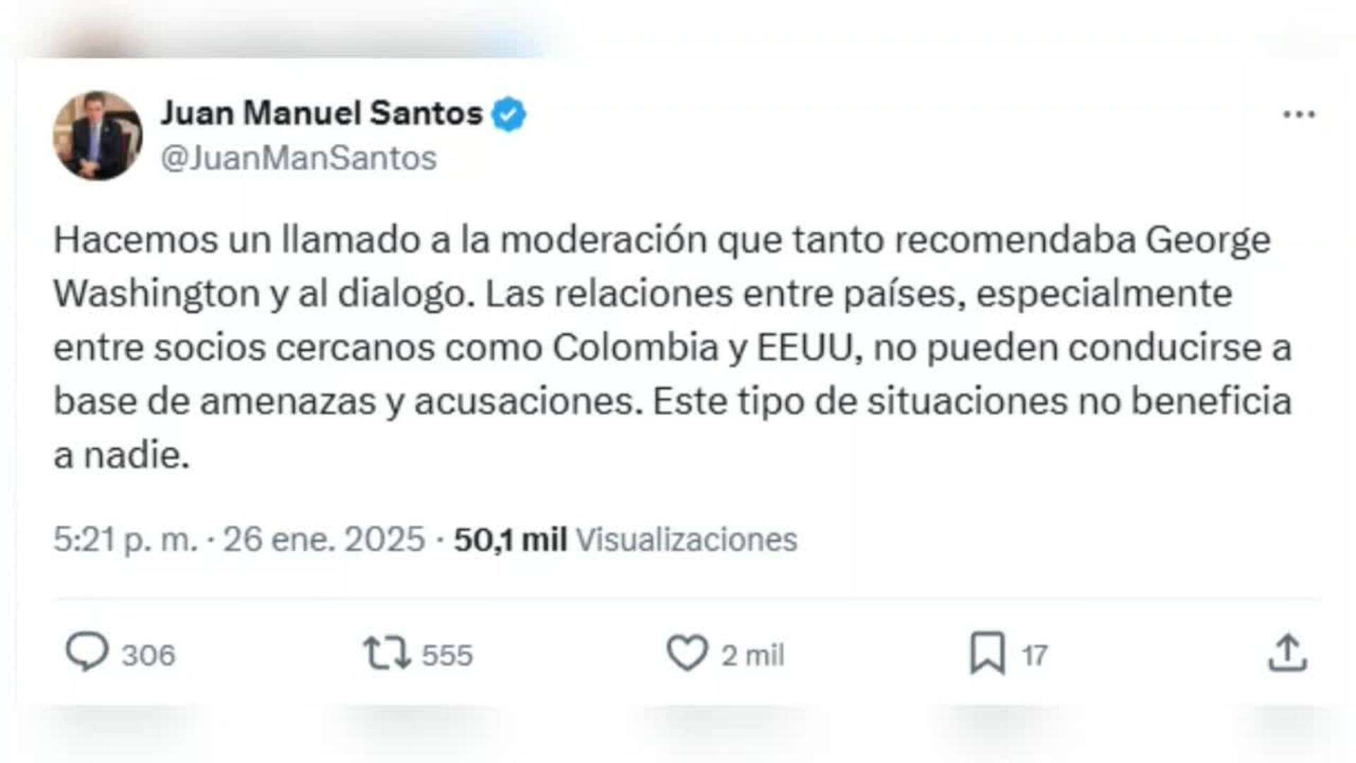 Santos pide moderación a Petro y Trump y dice que crisis diplomática no beneficia a nadie