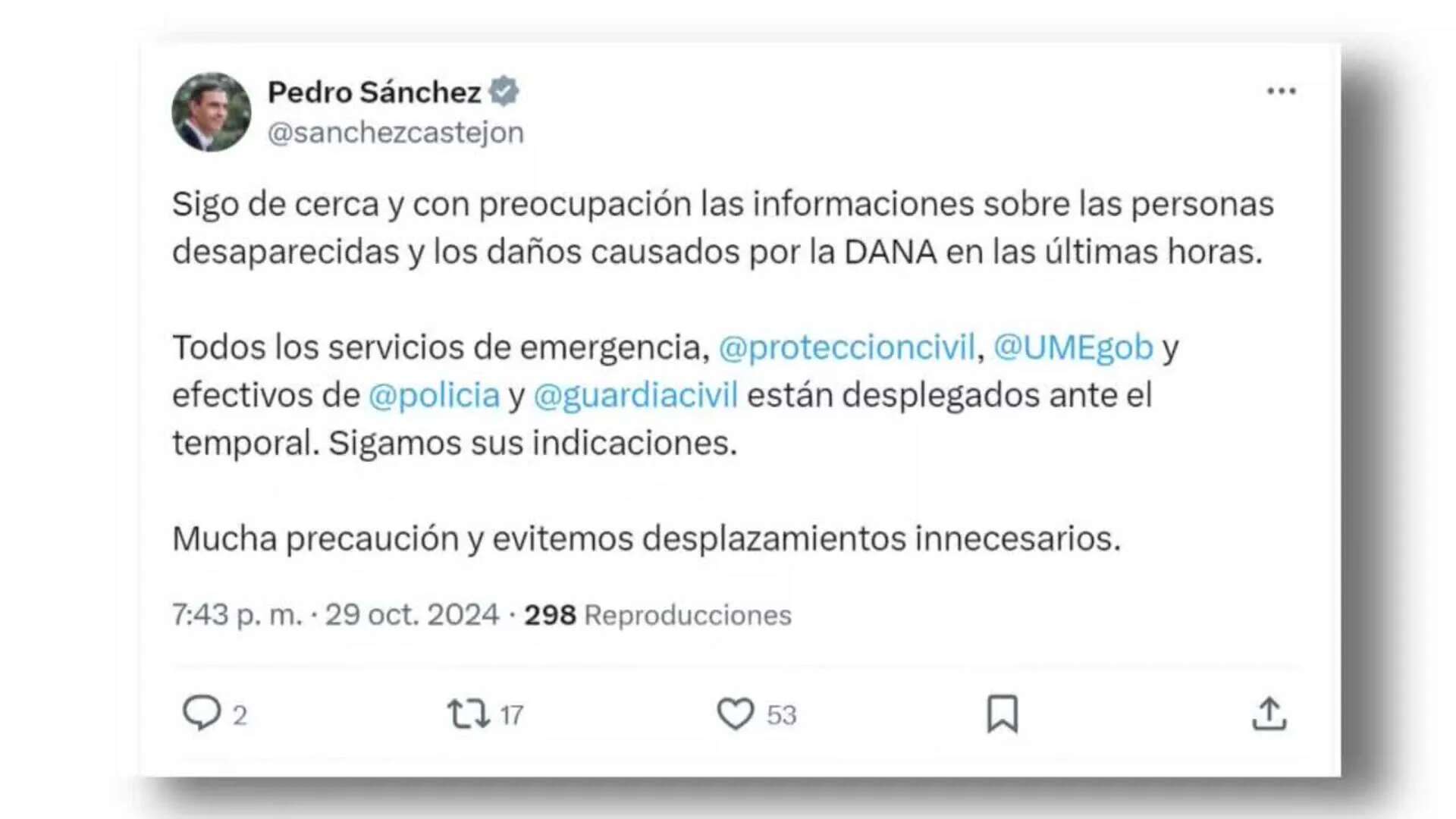 Pedro Sánchez sigue con preocupación las informaciones sobre la DANA