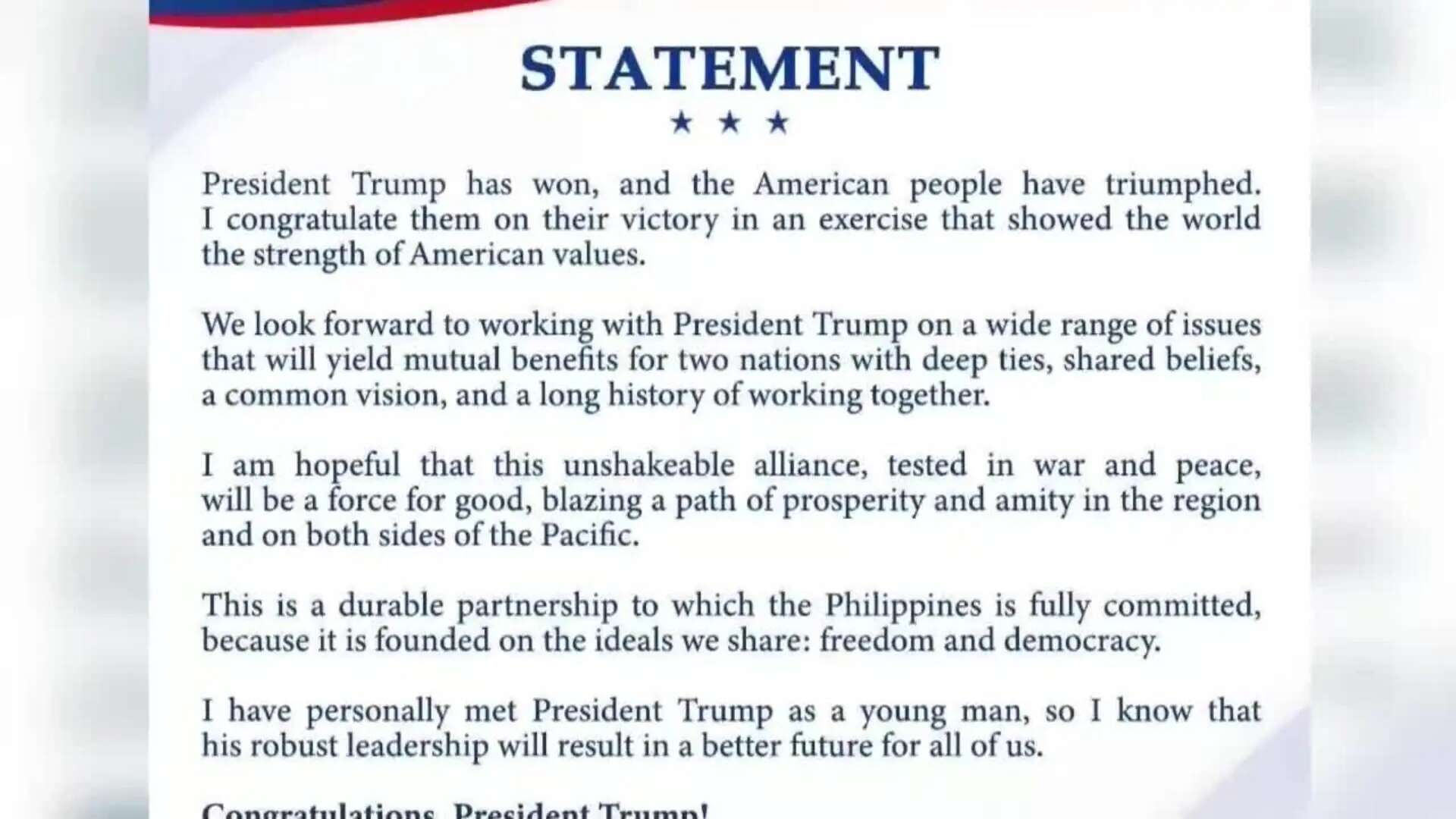 Filipinas felicita a Trump y espera mantener su alianza entre tensiones con China