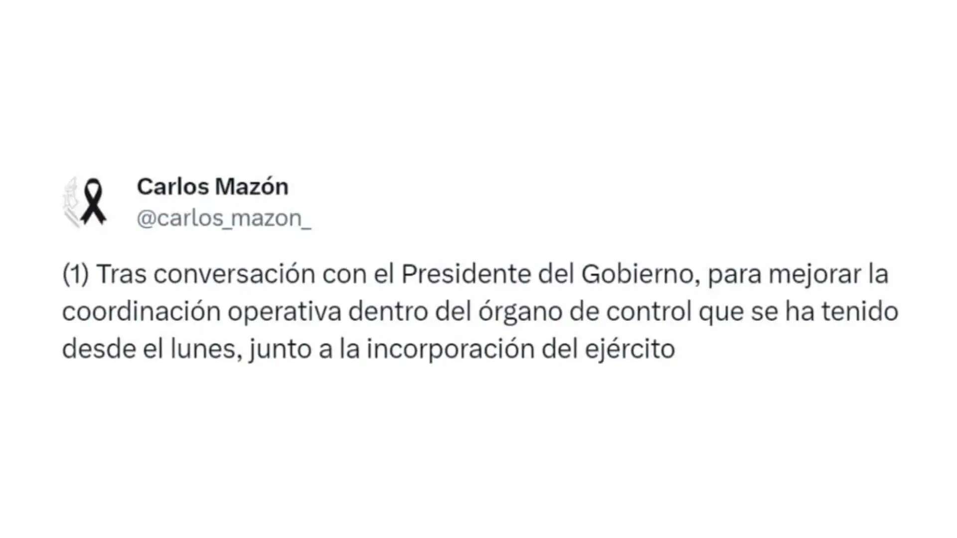 Mazón solicita la incorporación del Ejército y los efectivos disponibles de tierra, mar y aire