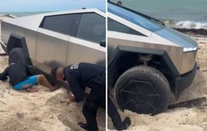 Una Cybertruck queda atascada en playa de Yucatán; así lograron removerla (Videos)