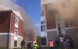 VIDEO: mujer lanza a su bebé por la ventana tras explosión en edificio