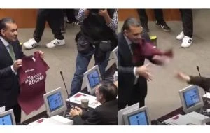 Riña legislativa: senador del PVEM y Fernández Noroña se avientan playera en apoyo a Rocha Moya (Video)