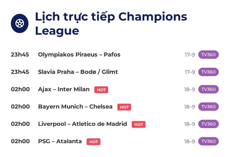 Lịch trực tiếp Champions League: Bayern Munich đấu Chelsea