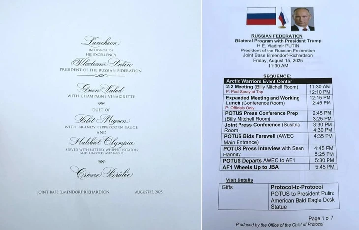 Nhân viên Nhà Trắng để quên thực đơn ông Trump chiêu đãi ông Putin tại khách sạn