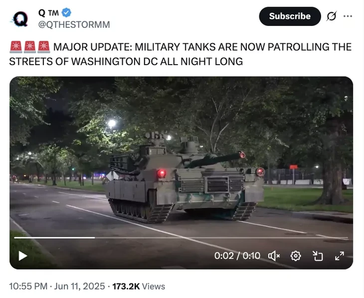 Xe tăng quân đội đi tuần tra ở Washington sau khi kiểm soát Los Angeles?