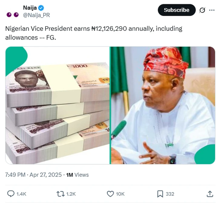 Lương của Phó Tổng thống Nigeria khoảng hơn 200 triệu đồng mỗi năm?