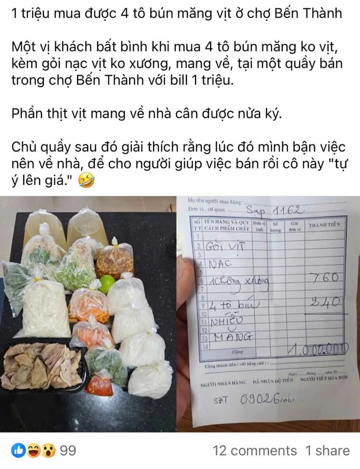 Bị đình chỉ vì bán bún măng vịt giá 1 triệu đồng, chủ sạp nói do khách đòi 'nhiều thịt'