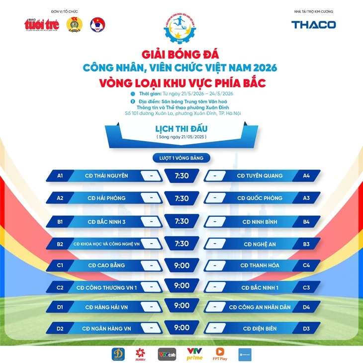 Lịch thi đấu vòng loại phía Bắc Giải bóng đá công nhân, viên chức Việt Nam 2026