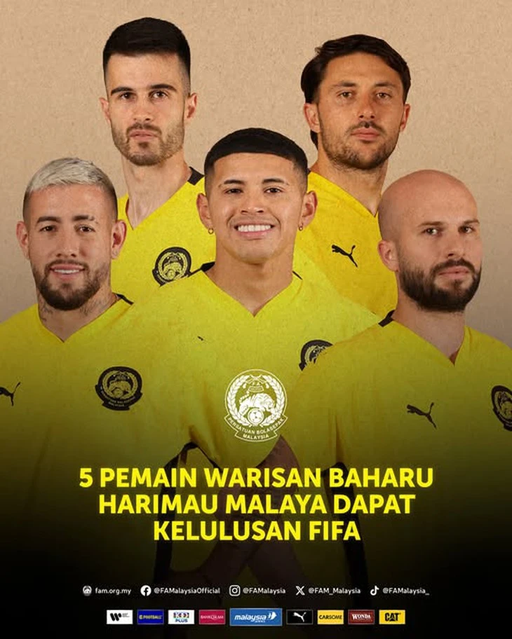 Ngay trước trận đấu với tuyển Việt Nam, 5 cầu thủ nhập tịch của Malaysia được FIFA phê duyệt