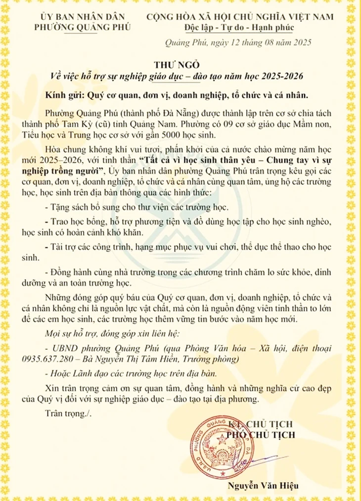 Phường ở Đà Nẵng chủ trương không nhận hoa chúc mừng khai giảng, kêu gọi hỗ trợ học sinh nghèo