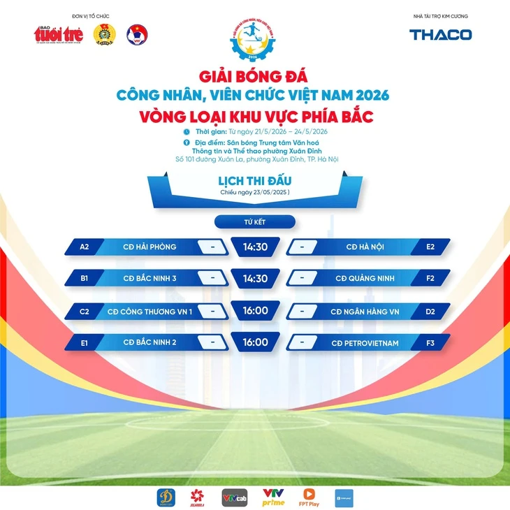 Lịch thi đấu tứ kết vòng loại phía Bắc Giải bóng đá công nhân, viên chức Việt Nam 2026