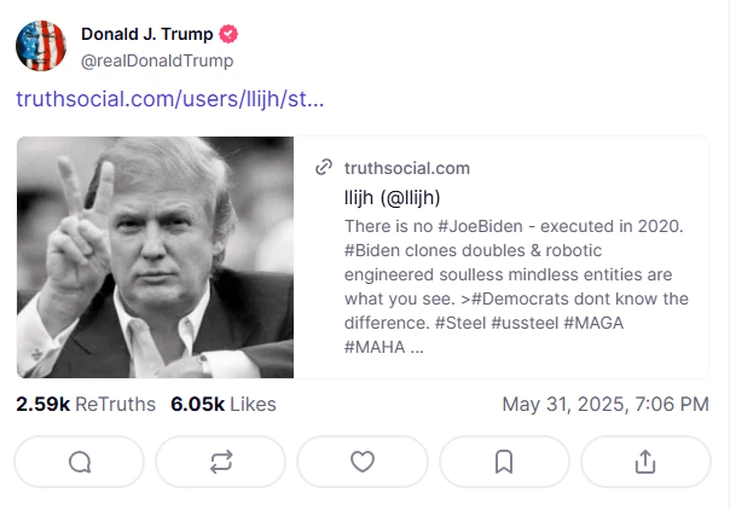 Ông Trump bị phẫn nộ khi chia sẻ tin ông Biden 'bị xử tử' từ năm 2020