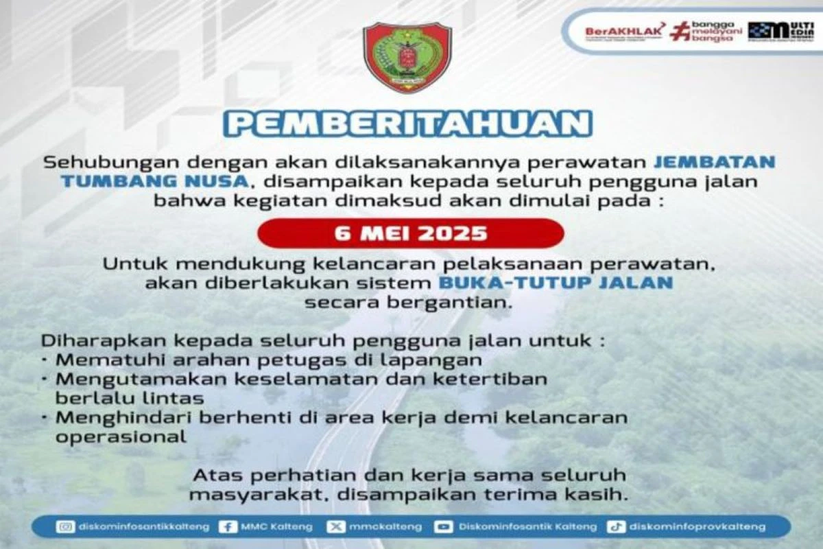 Sistem Buka Tutup Diterapkan di Jembatan Tumbang Nusa Selama Perbaikan