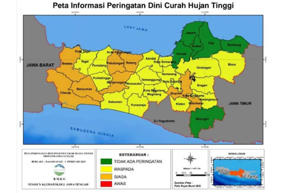 Sembilan Wilayah di Jateng Berstatus Siaga Hujan Lebat, 20 Daerah Lainnya Waspada