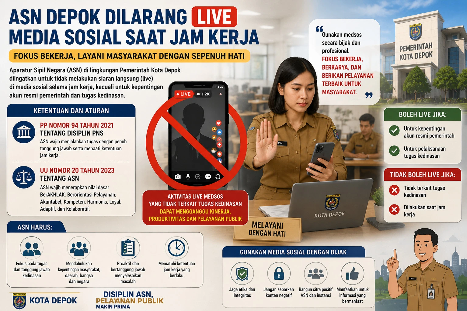 Fokus Layani Masyarakat, ASN Depok Diminta Tidak Live Streaming Medsos saat Jam Kerja