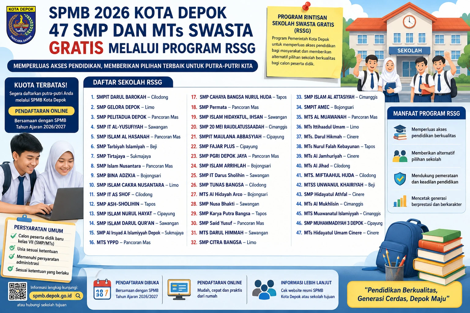 SPMB 2026 Depok Dibuka, Berikut Daftar 47 SMP dan MTs Swasta Gratis yang Bisa Dipilih