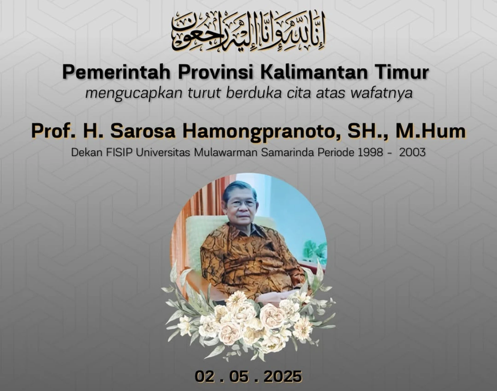 Berita Duka, Pendiri Fakultas Hukum Unmul Prof Sarosa Hamongpranoto Meninggal Dunia
