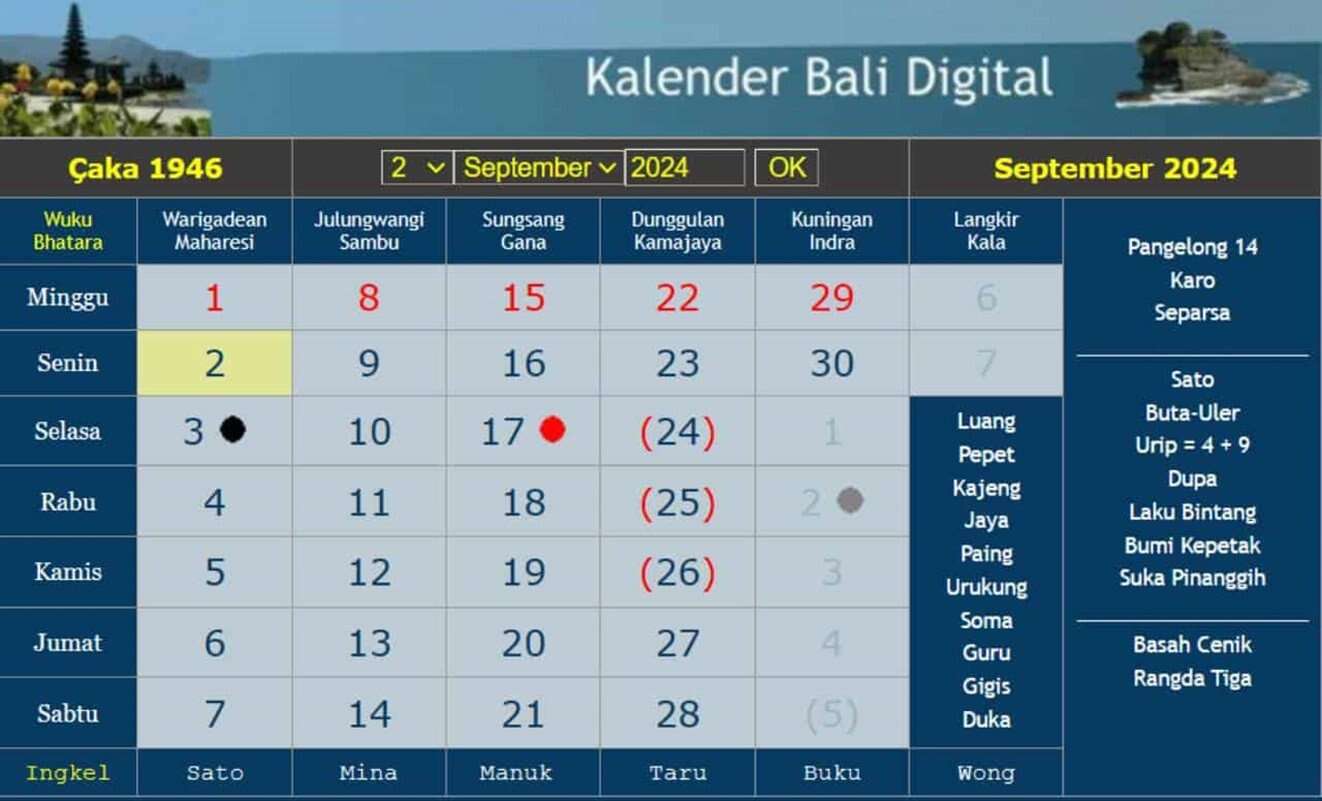 Kalender Bali Senin 9 September 2024: Baik Memasang Sesirep & Menghilangkan Penyakit